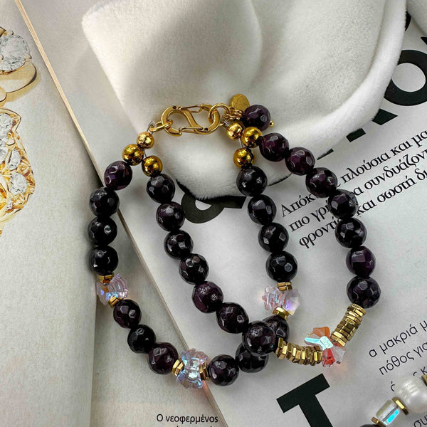 Βραχιόλι Δίσειρο Μελιτζανί Αχάτες, Κρύσταλλα και Μαργαριτάρια Καλλιέργειας