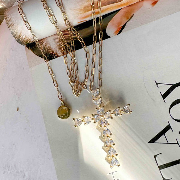 Κολιέ Σταυρός Maxi αλυσίδα με κρύσταλλα Καρδιές