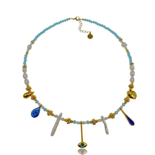 “Aegean Biwa” – Κολιέ με Biwa μαργαριτάρι, κρύσταλλα & επίχρυσα στοιχεία
