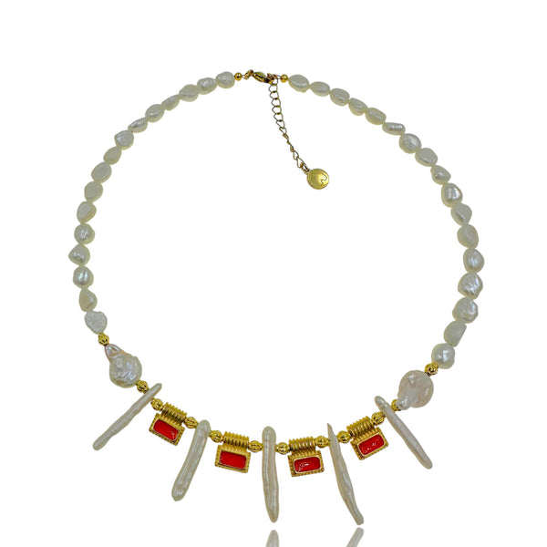 “Flamma” – Κολιέ με Biwa Μαργαριτάρια & Πορτοκαλί Σμάλτο