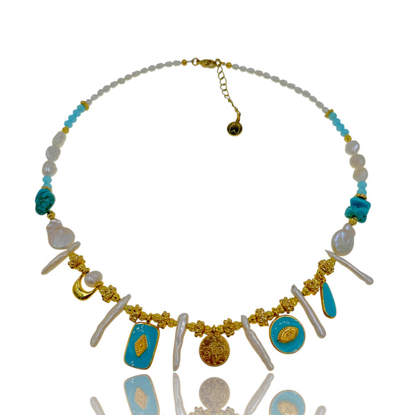 “Aegean Relic” – Κολιέ με Biwa & Τιρκουάζ Σμάλτο, Εμπνευσμένο από Αρχαιοελληνικά Φυλαχτά