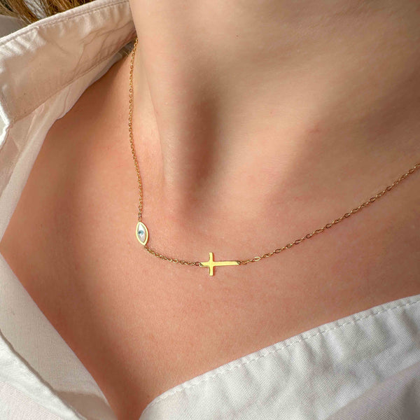 Κολιέ αλυσίδα Σταυρός Μάτι με Φίλντισι