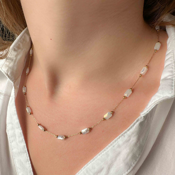 Κολιέ αλυσίδα ατσάλι με Λευκά κρύσταλλα