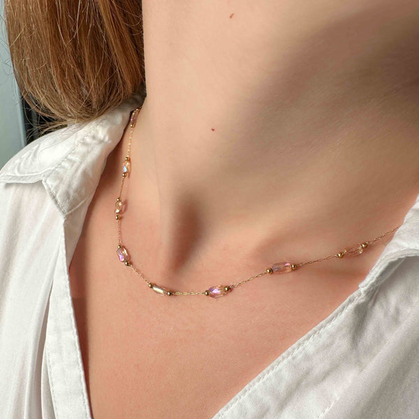 Κολιέ αλυσίδα ατσάλι με Ροζ κρύσταλλα