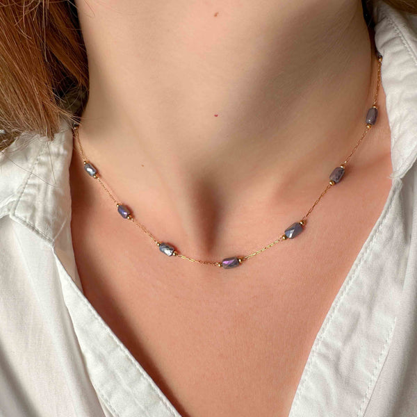 Κολιέ αλυσίδα ατσάλι με Μωβ κρύσταλλα