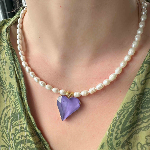 Κολιέ με μαργαριτάρια και Καρδιά Με Κρύσταλλο Purple