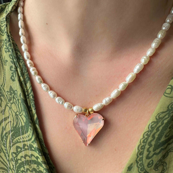 Κολιέ με μαργαριτάρια και Καρδιά Με Κρύσταλλο pink