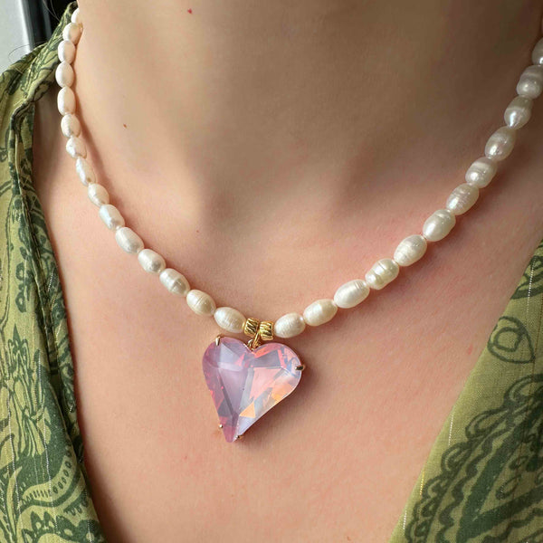 Κολιέ με μαργαριτάρια και Καρδιά Με Κρύσταλλο Lilac