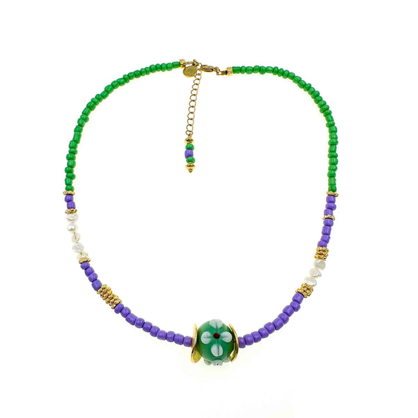 Κολιέ Flower με μωβ-πράσινες χάντρες