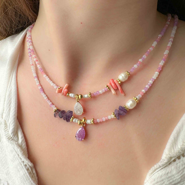 Κολιέ Σταγόνα με κοράλλι σμάλτο και mix κρυστάλλακια