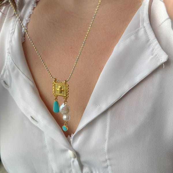 Κολιέ με Χρυσό Σταυρό, Μαργαριτάρια και Τυρκουάζ Λεπτομέρειες