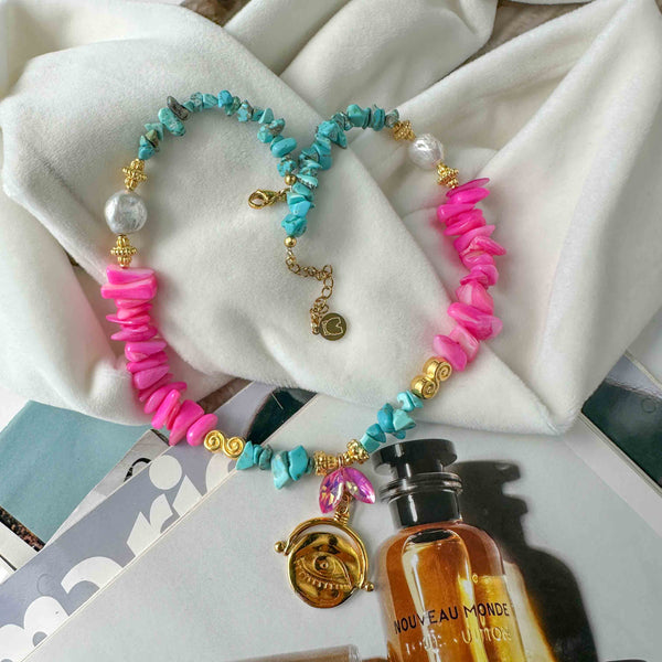 Κολιέ με Ημιπολύτιμες πέτρες σχέδιο Μάτι με κρύσταλλο