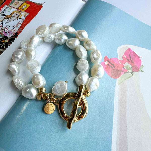 Δίσειρο Βραχιόλι με Μαργαριτάρια Καλλιέργειας κι επίχρυσο κούμπωμα