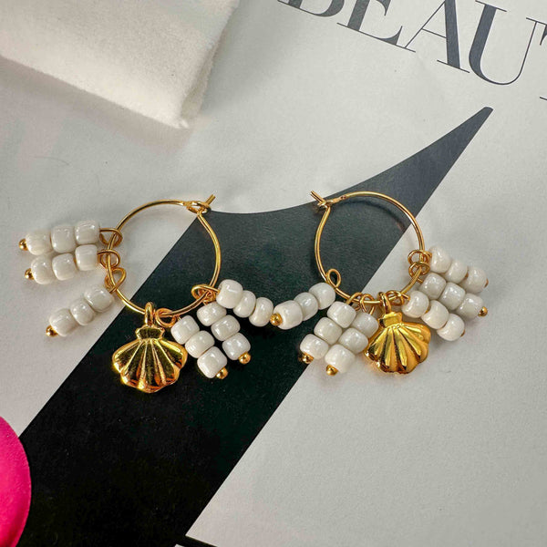 Σκουλαρίκια Κρίκοι με Χάντρες & Χρυσό Κοχύλι