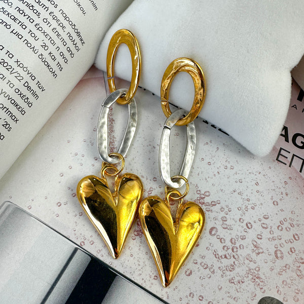 Κρεμαστά Σκουλαρίκια από Επιχρυσωμένο & Επαργυρωμένο Ορείχαλκο με Καρδιές