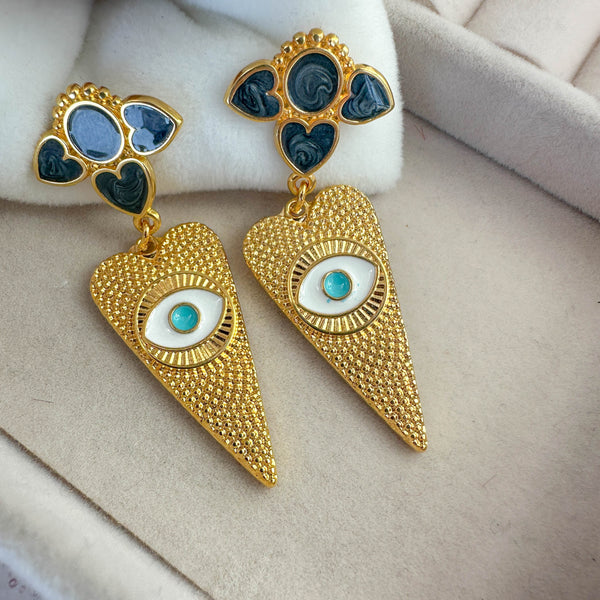 Κρεμαστά Σκουλαρίκια με Μαύρο Σμάλτο & Καρδιά σε Επιχρυσωμένο Ορείχαλκο