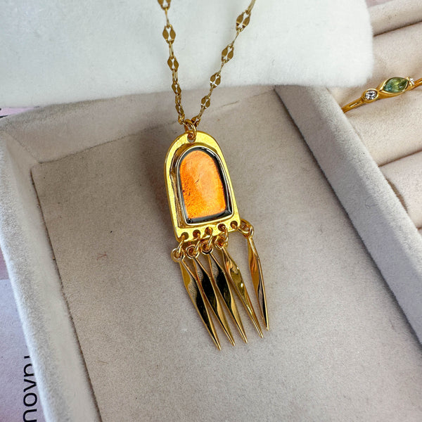 Κολιέ με Καφέ Σμάλτο, Ατσάλινη Αλυσίδα & Στοιχεία από Επιχρυσωμένο Ορείχαλκο