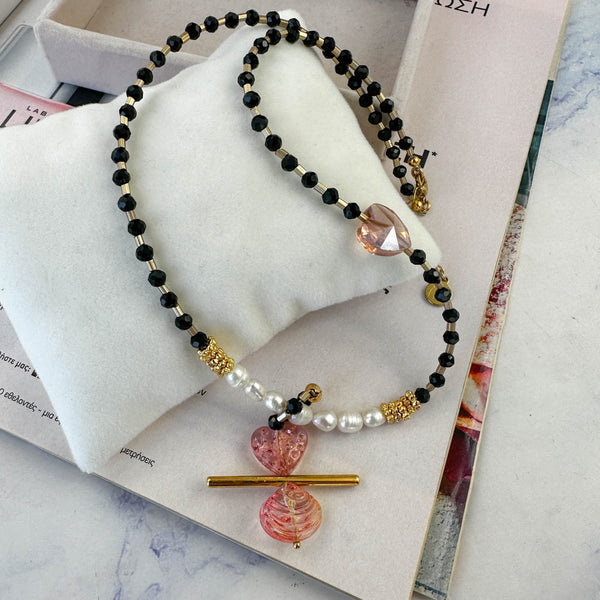 Κολιέ με Κρύσταλλα, Μαργαριτάρια Καλλιέργειας & Ροζ Κρυστάλλινη Καρδιά