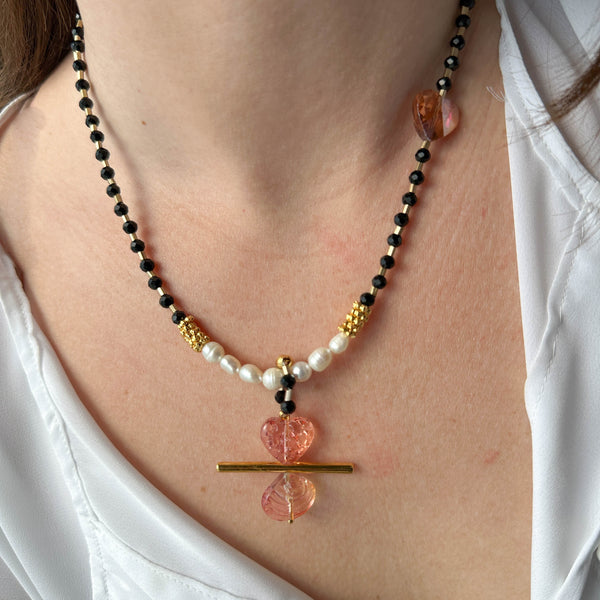 Κολιέ με Κρύσταλλα, Μαργαριτάρια Καλλιέργειας & Ροζ Κρυστάλλινη Καρδιά