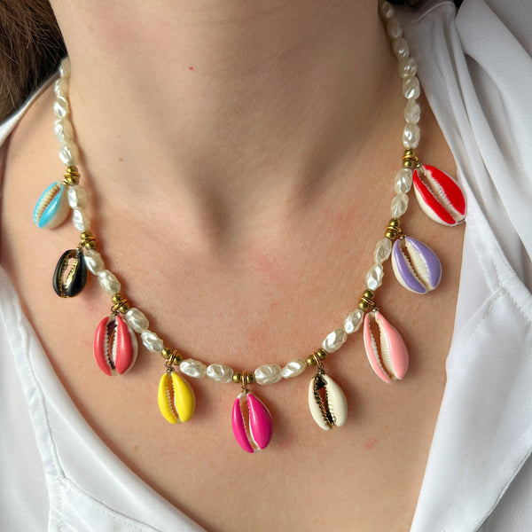 Κολιέ με Faux Μαργαριτάρια & Πολύχρωμα Κοχύλια