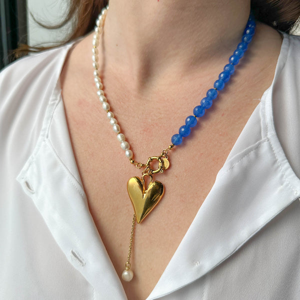 Κολιέ με Μπλε Αχάτες, Μαργαριτάρια Καλλιέργειας & Επίχρυση Καρδιά