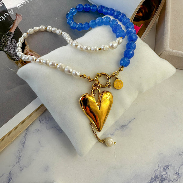Κολιέ με Μπλε Αχάτες, Μαργαριτάρια Καλλιέργειας & Επίχρυση Καρδιά