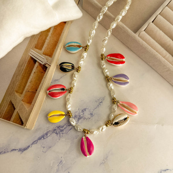 Κολιέ με Faux Μαργαριτάρια & Πολύχρωμα Κοχύλια