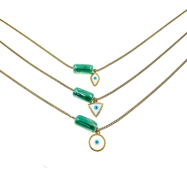 Κολιέ αλυσίδα με πράσινη πέτρα κύλινδρο και ματάκι