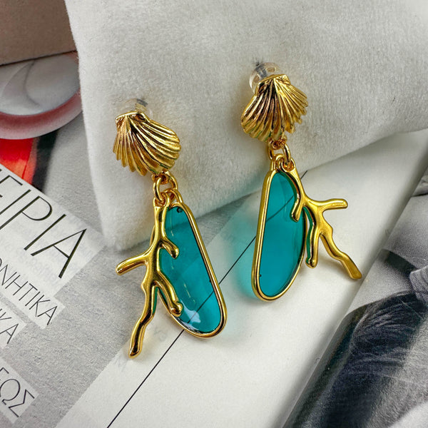 Χρυσά Σκουλαρίκια με Τυρκουάζ Βιτρώ & Κοράλλι  – Statement Καλοκαιρινό Design