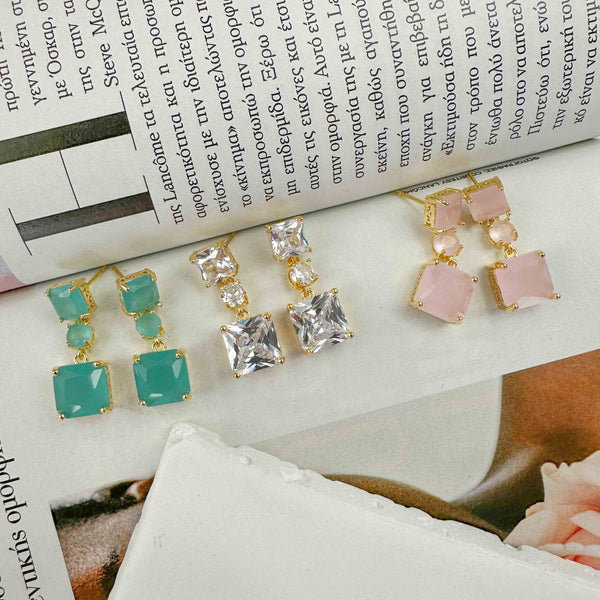Σκουλαρίκια Τριπλή Πέτρα σε Τετράγωνο Σχήμα