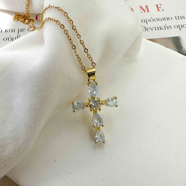 Κολιέ Σταυρός Με Δάκρυα Ζιργκόν & Χρυσή Λεπτομέρεια