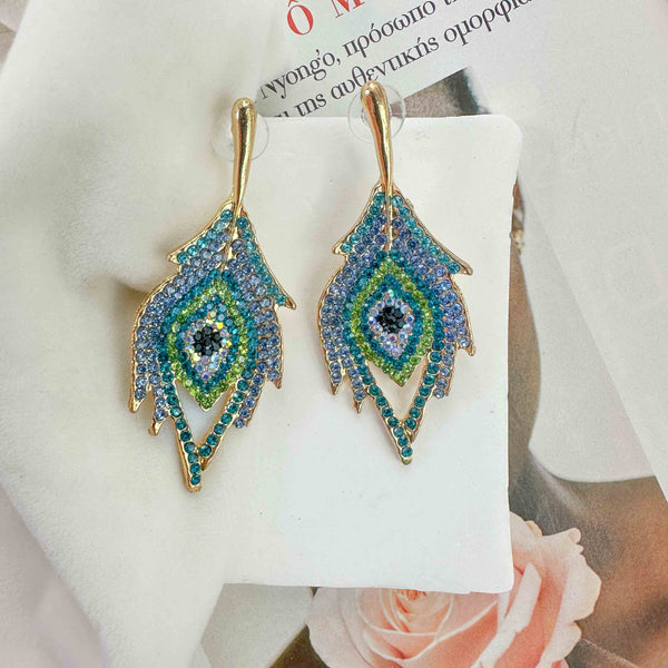 Σκουλαρίκια Φτερό Παγωνιού με Μπλε και Πράσινα Ζιργκόν