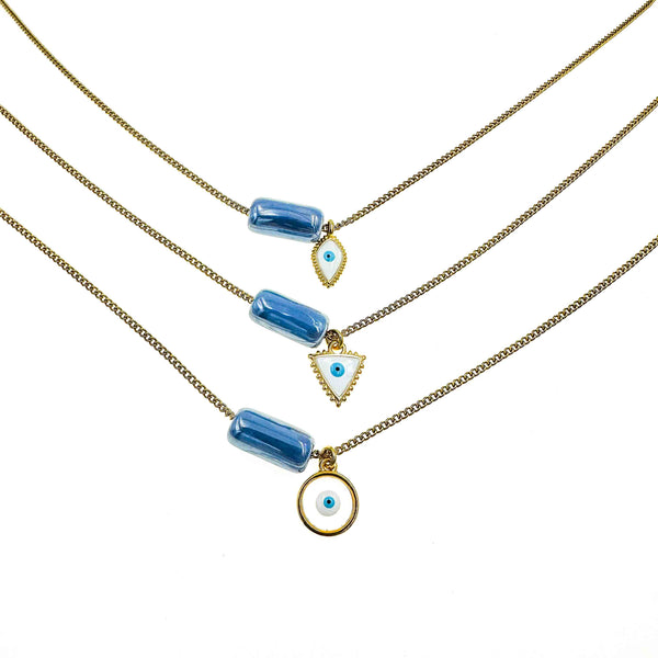 Κολιέ αλυσίδα με γαλάζιο κύλινδρο και ματάκι