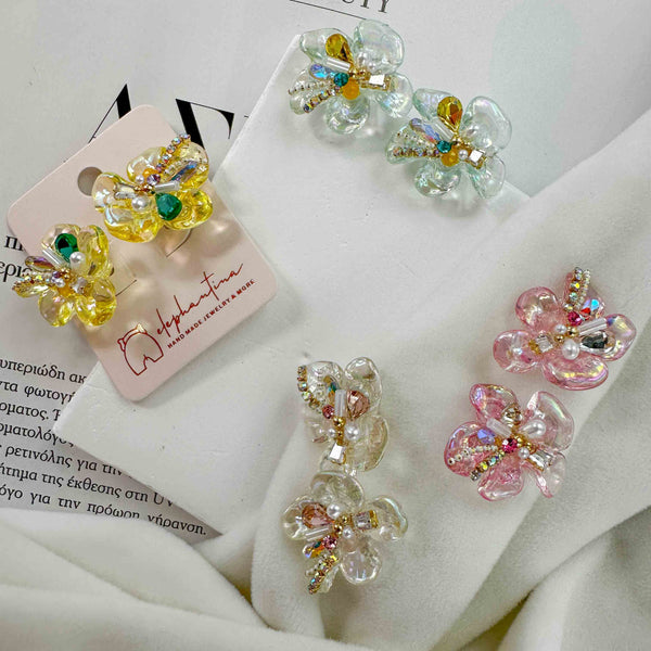 Σκουλαρίκια Λουλούδι με Κρύσταλλα και Πέρλα