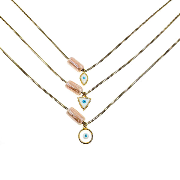 Κολιέ αλυσίδα με ροδακινί κύλινδρο και ματάκι