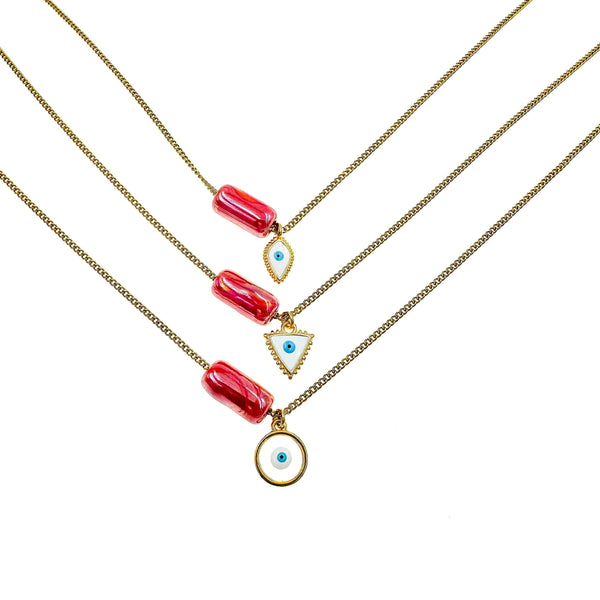 Κολιέ αλυσίδα με κόκκινο κύλινδρο και ματάκι