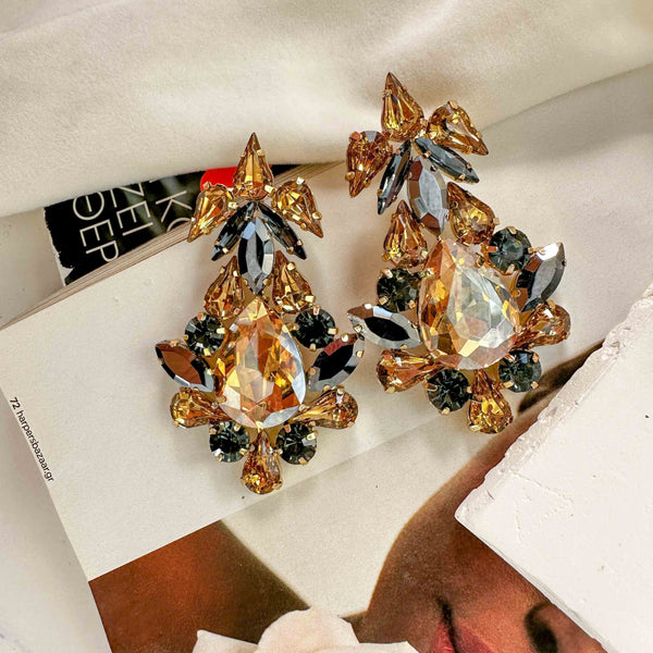 Σκουλαρίκια Statement Μεγάλα Κρύσταλλα Champagne & Μαύρα