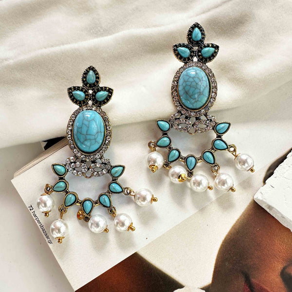 Σκουλαρίκια Statement Τιρκουάζ με Πέρλες & Ζιργκόν