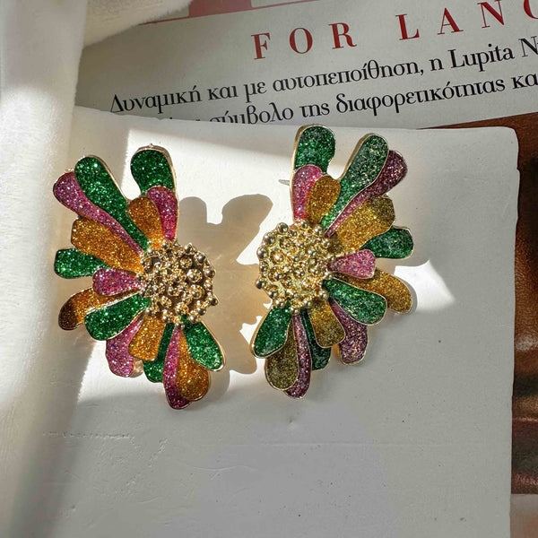 Σκουλαρίκια Καρφωτά Πολύχρωμο Λουλούδι με Glitter