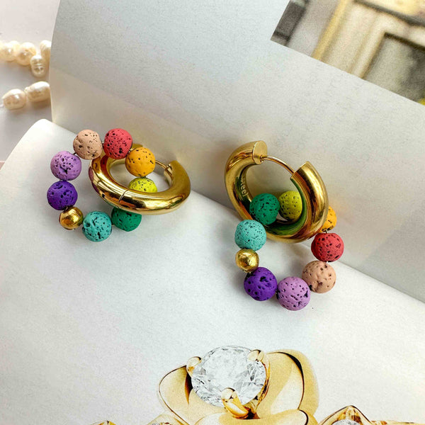 Κρίκοι με ημιπολύτιμες μαύρες πέτρες Λάβα Multi