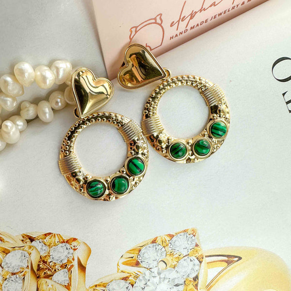 Σκουλαρίκια Καρδιά Κρίκοι με μαλαχίτη