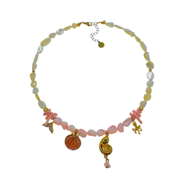 Κολιέ με Φίλντισι & Ροζ Χάντρες με Θαλασσινά Charms – Boho & Summer Design