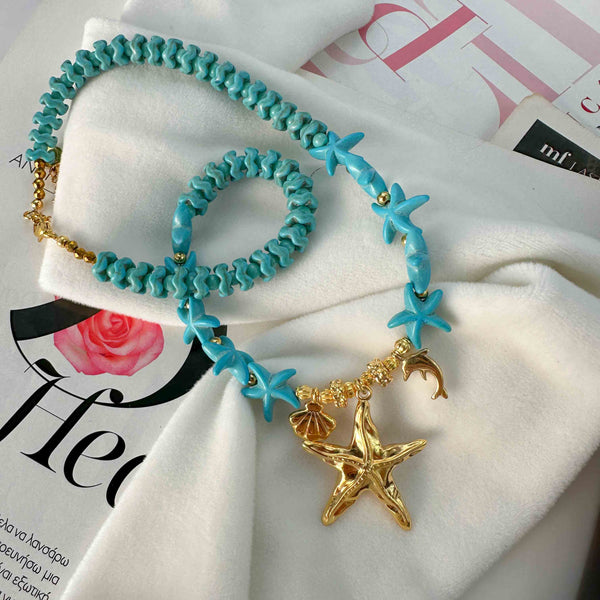 Κολιέ με Τιρκουάζ Χαολίτη & Χρυσό Αστερία