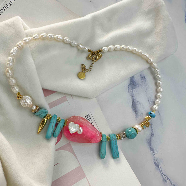 Κολιέ με Ροζ Πέτρα Καρδιά και Χαολίτη