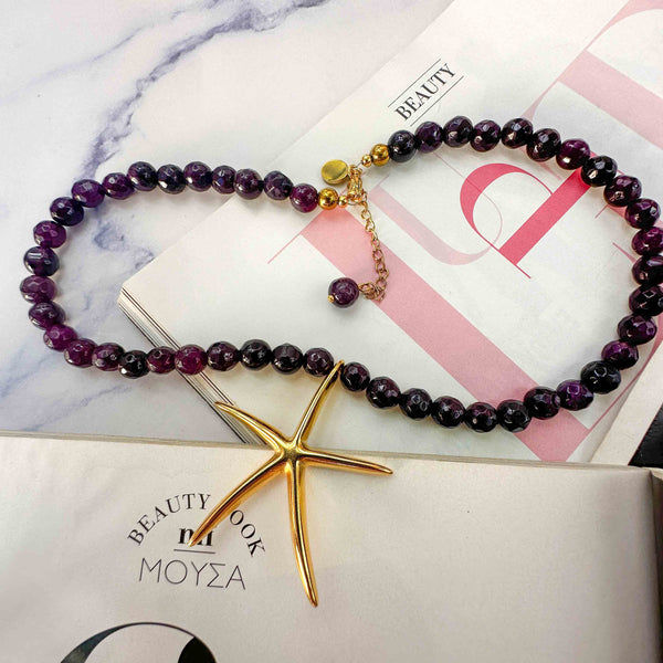 Κολιέ με Μωβ Αχάτη και Μεγάλο Χρυσό Αστερία