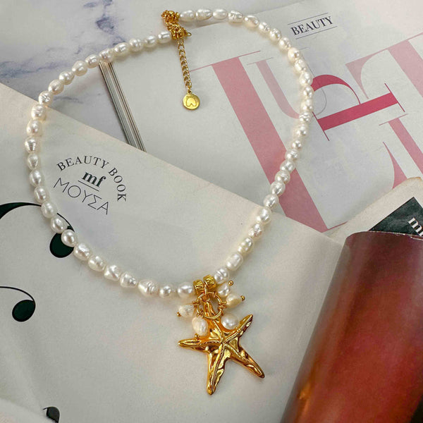 Κολιέ Μαργαριτάρι με Χρυσό Αστερία και Κρεμαστά