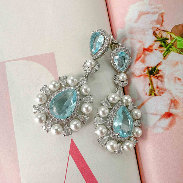 Σκουλαρίκια Ασημί σε σχήμα Δάκρυ με Σιελ Κρύσταλλα και Πέρλες