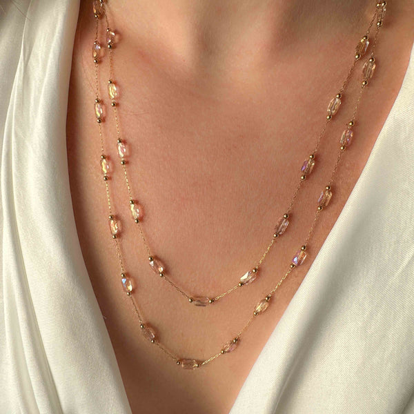 Κολιέ με Μακριά Αλυσίδα Ροζάριο Με Κρύσταλλα - Χρώμα Ροζ