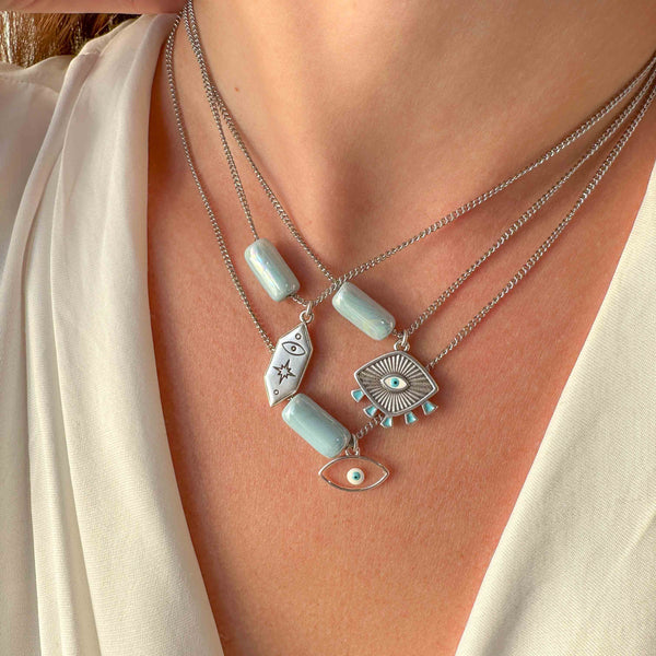 Κολιέ αλυσίδα με σιελ κύλινδρο και ματάκι/Ασημί