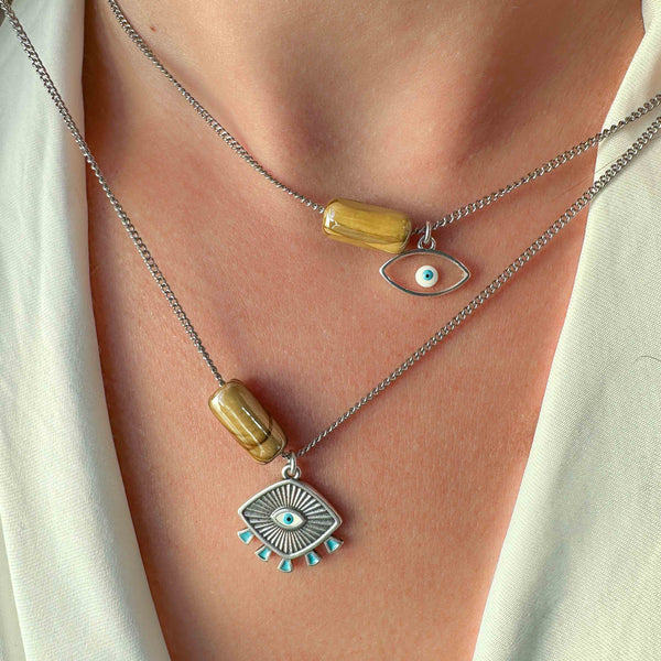 Κολιέ αλυσίδα με κίτρινο κύλινδρο και ματάκι/Ασημί